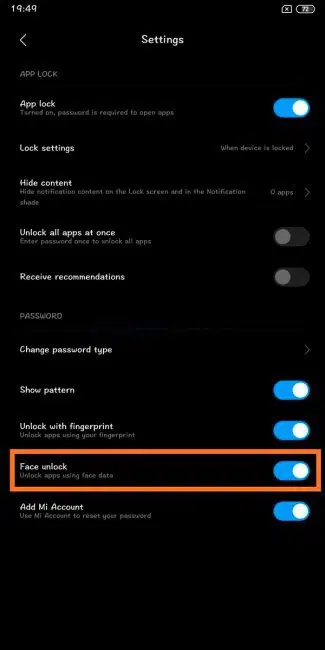 reconocimiento facial de MIUI 10