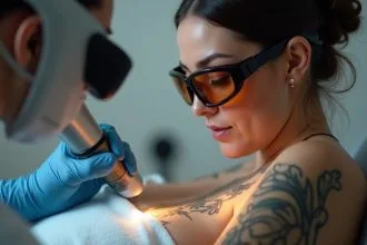 Séance de détatouage au laser en cours avec un patient