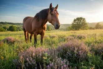 Cheval en pleine nature avec des brins de thym autour