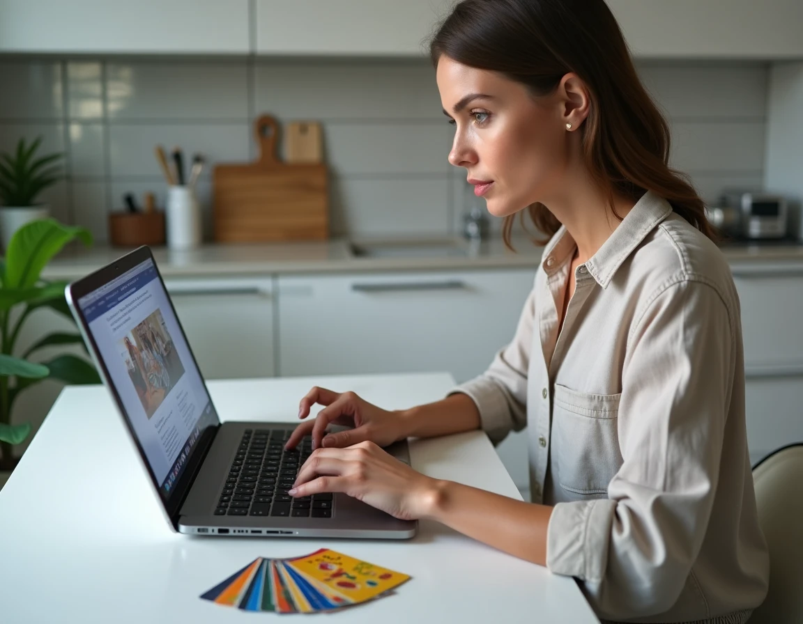 Femme recherchant des cartes téléphoniques à acheter sur un site de vente en ligne