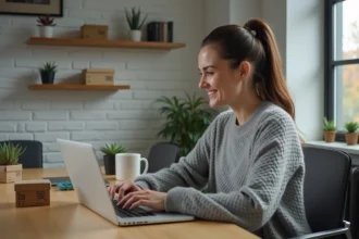 Femme faisant ses achats en ligne lors du Black Friday sur un ordinateur portable, entourée de colis et d'une tasse de café dans un bureau moderne