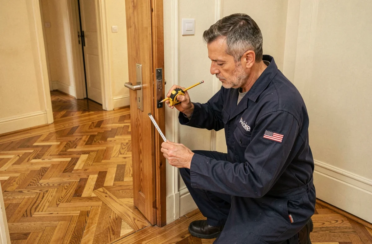 Artisan d'A-d-f Serrurerie Menuiserie mesurant un cadre de porte en bois dans un intérieur résidentiel français