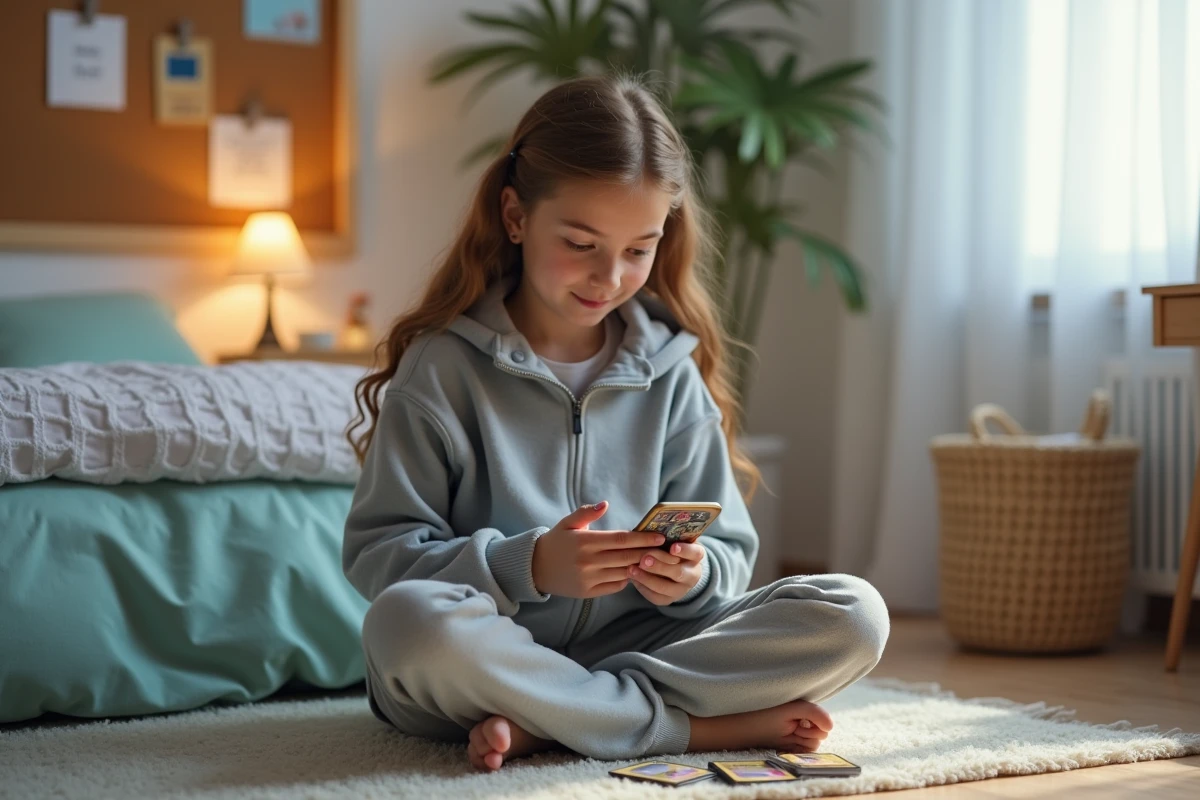 Adolescente jouant avec ses cartes Pokémon dans sa chambre lumineuse
