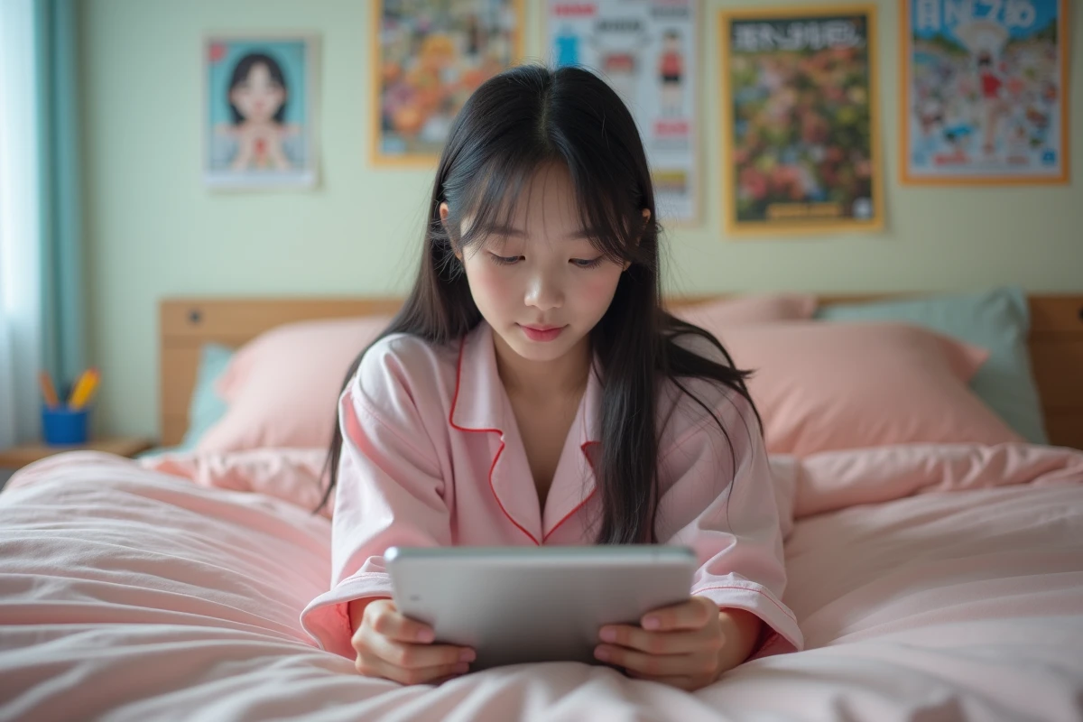 Adolescente allongée sur son lit et lisant un scan de manga sur une tablette dans une chambre décorée de posters