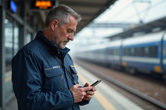Agent SNCF en uniforme vérifiant messages sur smartphone