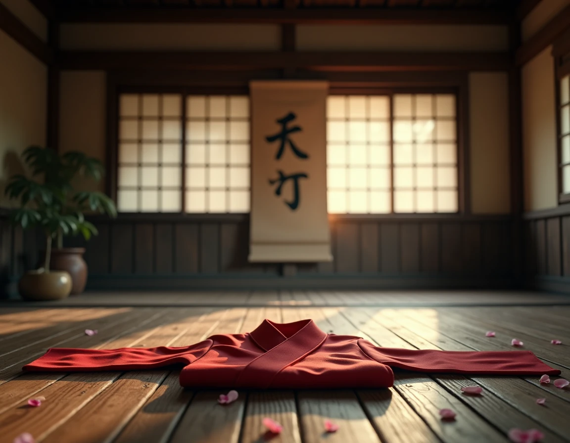 Dojo japonais traditionnel vide avec un haori cramoisi plié sur le sol et des pétales de cerisier, évoquant l'absence et la mort symbolique d'Akaza