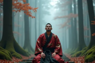 Guerrier japonais en costume cramoisi agenouillé sur un chemin de montagne brumeux entouré de cèdres anciens, évoquant la mort et la libération d'Akaza
