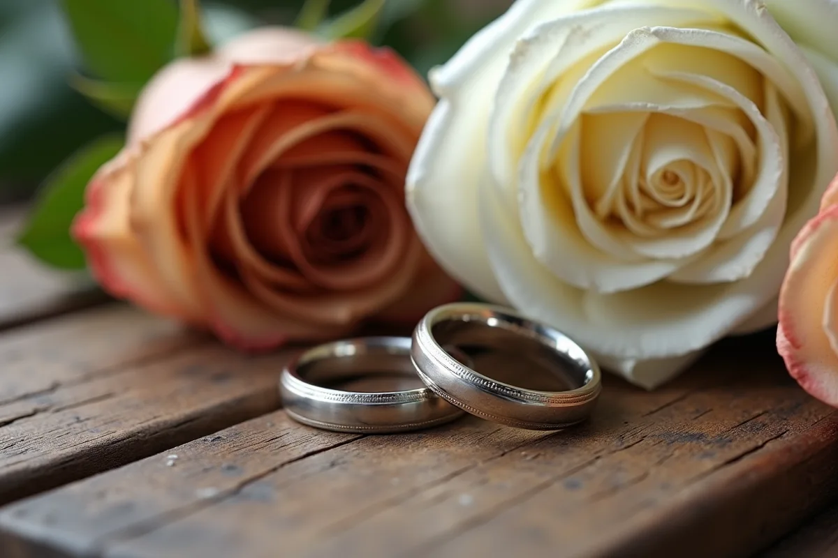 Alliances sur bois avec bouquet de roses blanches et cuivrées
