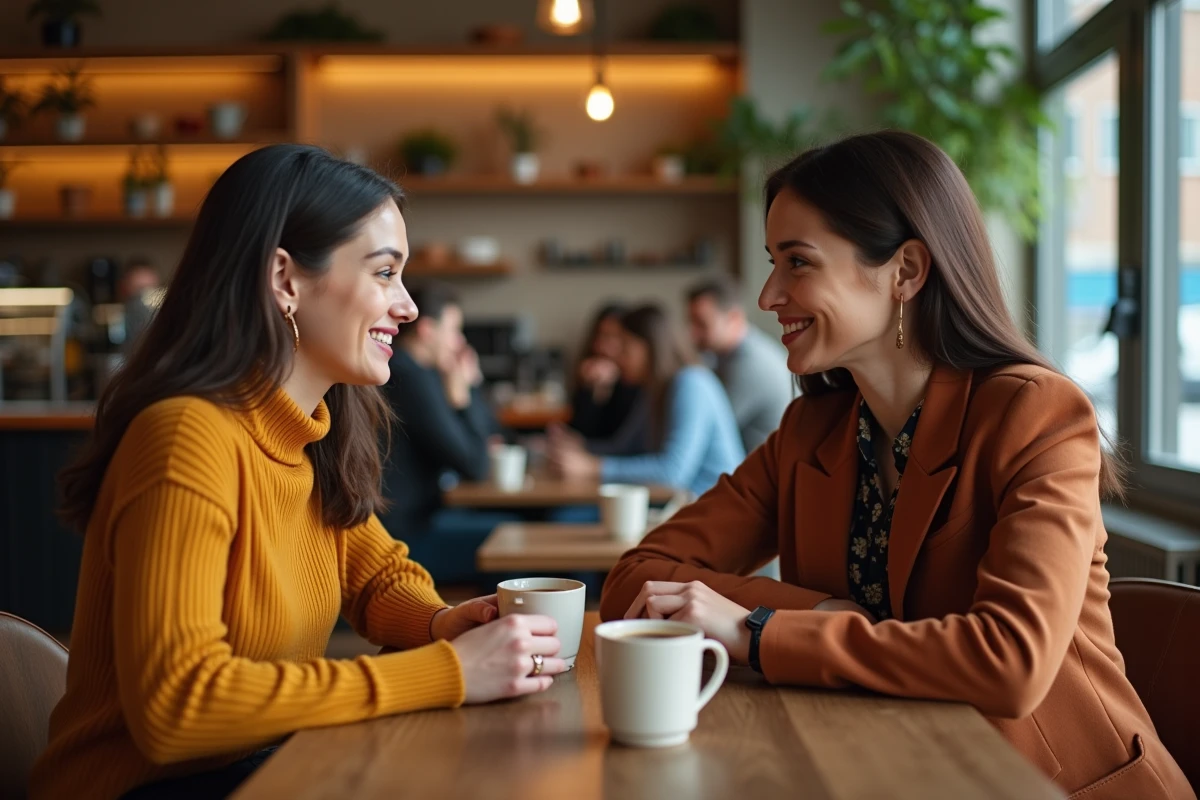 Deux femmes en conversation sincère dans un café chaleureux, symbolisant le soutien amical et la reconstruction de soi après une expérience de trahison