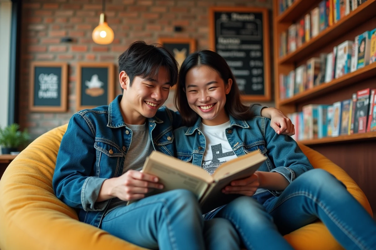 Deux amis découvrant ensemble des mangas Boys Love dans un café manga contemporain décoré d'illustrations anime