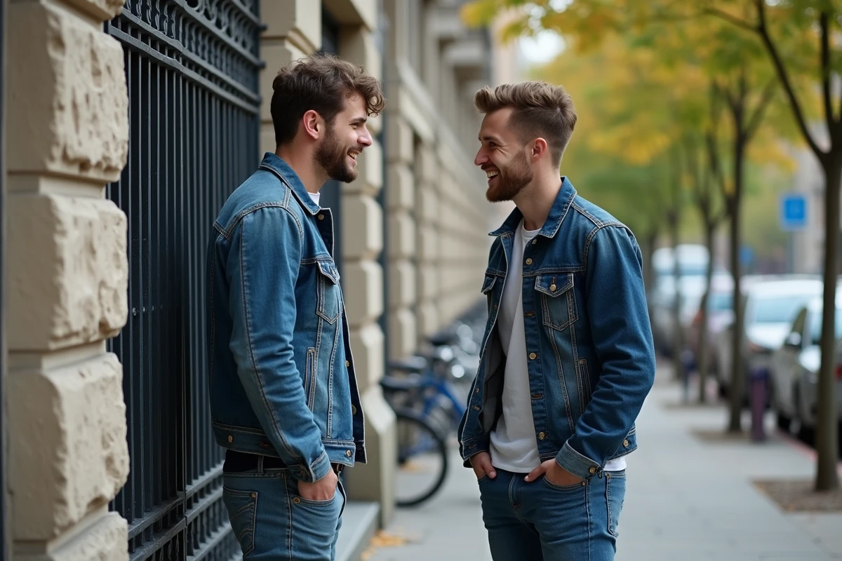 Deux amis mesurant leur taille sur un trottoir en ville