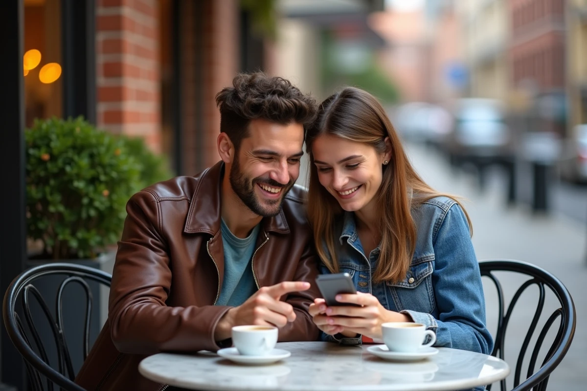 Deux amis partageant des liens Monopoly GO sur smartphone en terrasse de café, stratégie collaborative pour accumuler des dés quotidiens