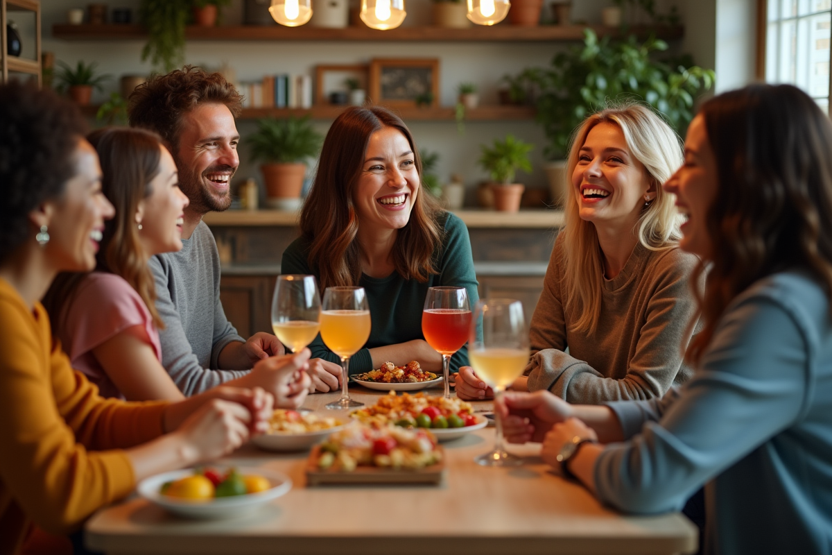 Groupe d'amis riant autour d'une table colorée