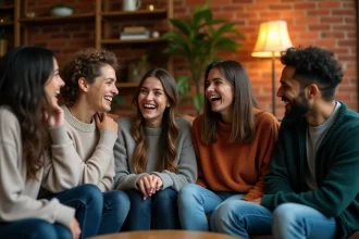 Groupe d'amis riant dans un salon chaleureux