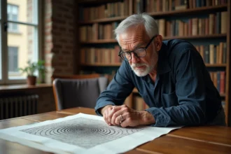 Homme analysant des reproductions de lithographies d'Escher sur un bureau en bois dans une bibliothèque académique