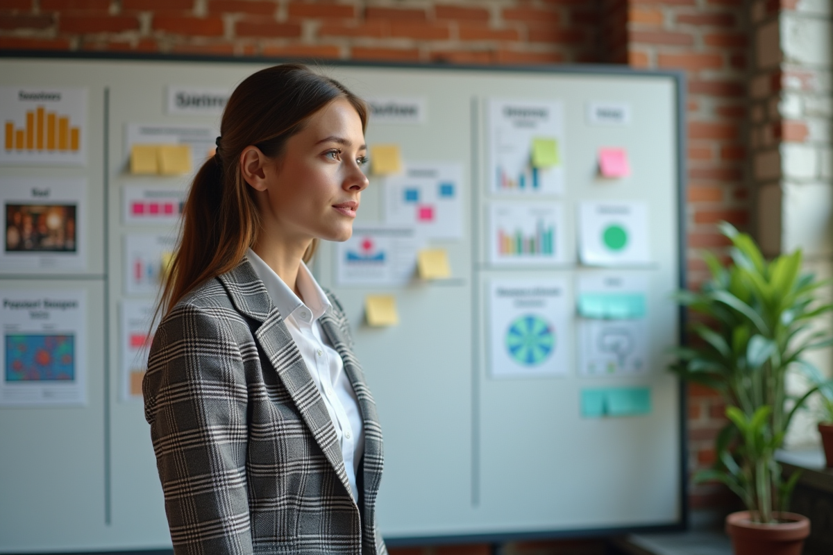 Jeune analyste financier devant un tableau stratégique coloré