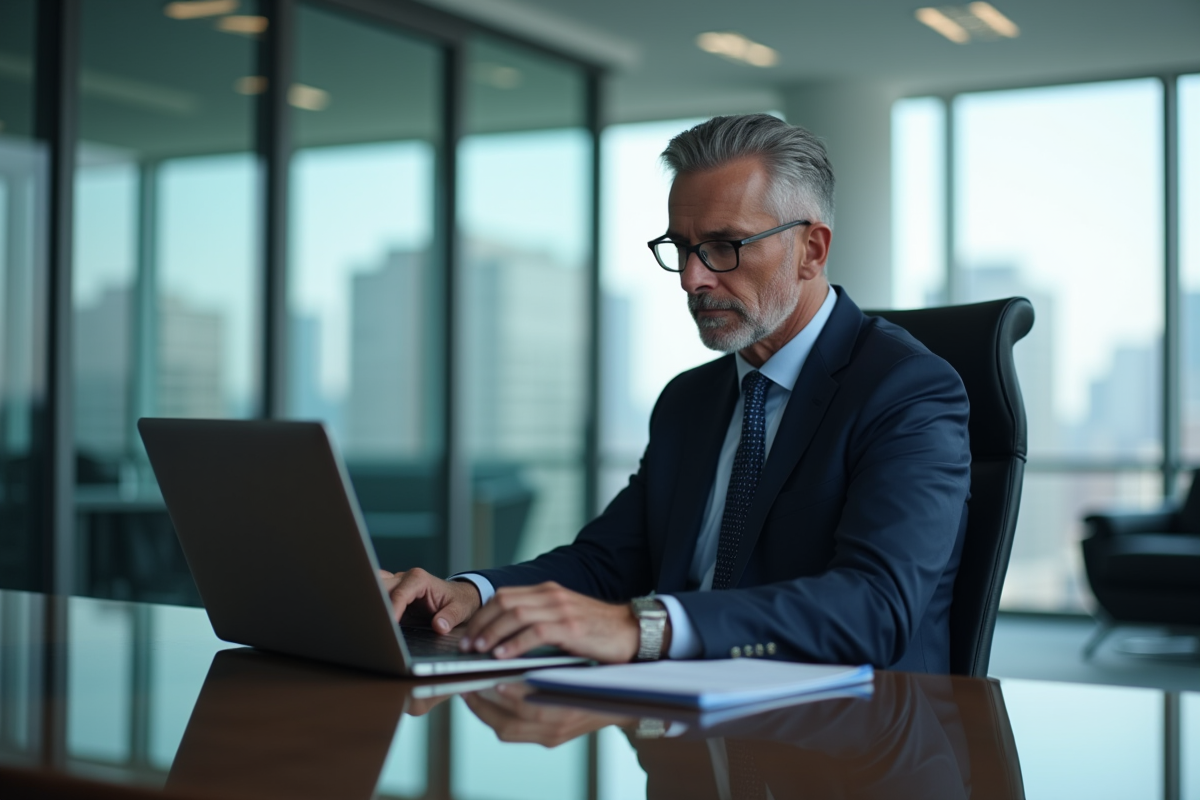 Banquier homme en costume bleu vérifiant un logiciel de sécurité