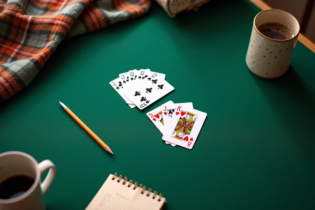 Vue aérienne d'une partie de belote à deux avec cartes à jouer françaises et carnet de score sur tapis vert