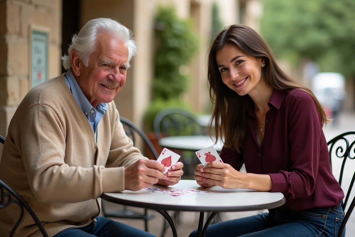 Un homme âgé et une jeune femme jouant à la belote en terrasse d'un café français avec des cartes à jouer