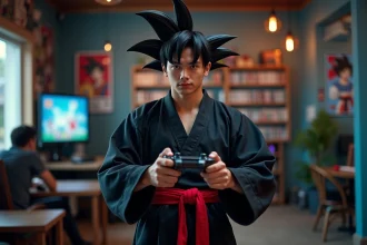 Jeune homme cosplay Black Goku avec manette dans un salon gaming