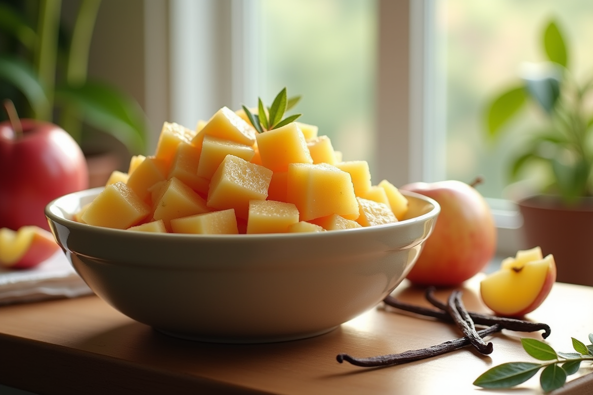 Bol rempli de velvet apples coupés avec vanille et feuilles vertes en cuisine