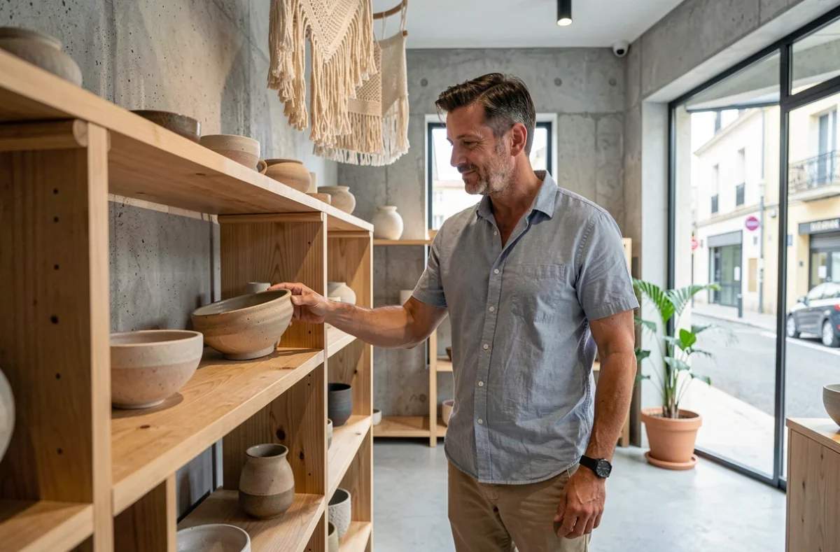 Homme explorant l'intérieur d'une boutique lifestyle ouverte le dimanche à Montpellier