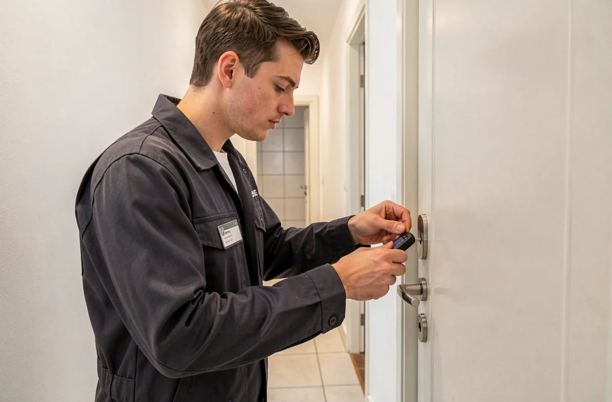 Serrurier indépendant Brayet Jeremy en train de recoder une serrure sur une porte d'appartement moderne