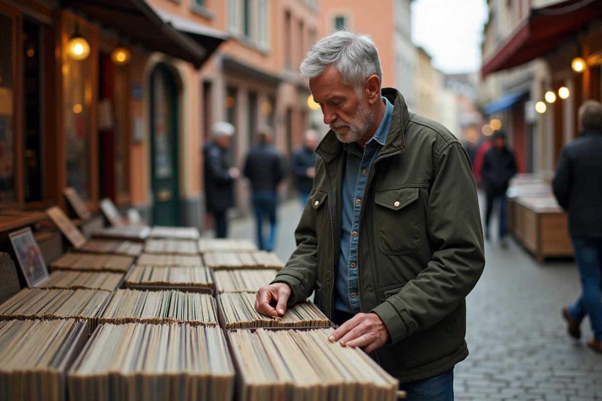 Homme explorant un marché aux puces en plein air dans le Vieux-Lille, feuilletant des disques vinyles sur les pavés typiques du quartier flamand