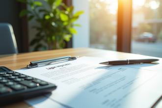 Bureau moderne avec documents financiers et contrat Lagon imposable