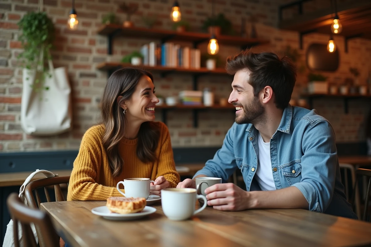 Deux amis savourant un café artisanal et une gaufre dans un café indépendant et chaleureux de Lille, idéal pour passer un week-end déconnecté en bonne compagnie