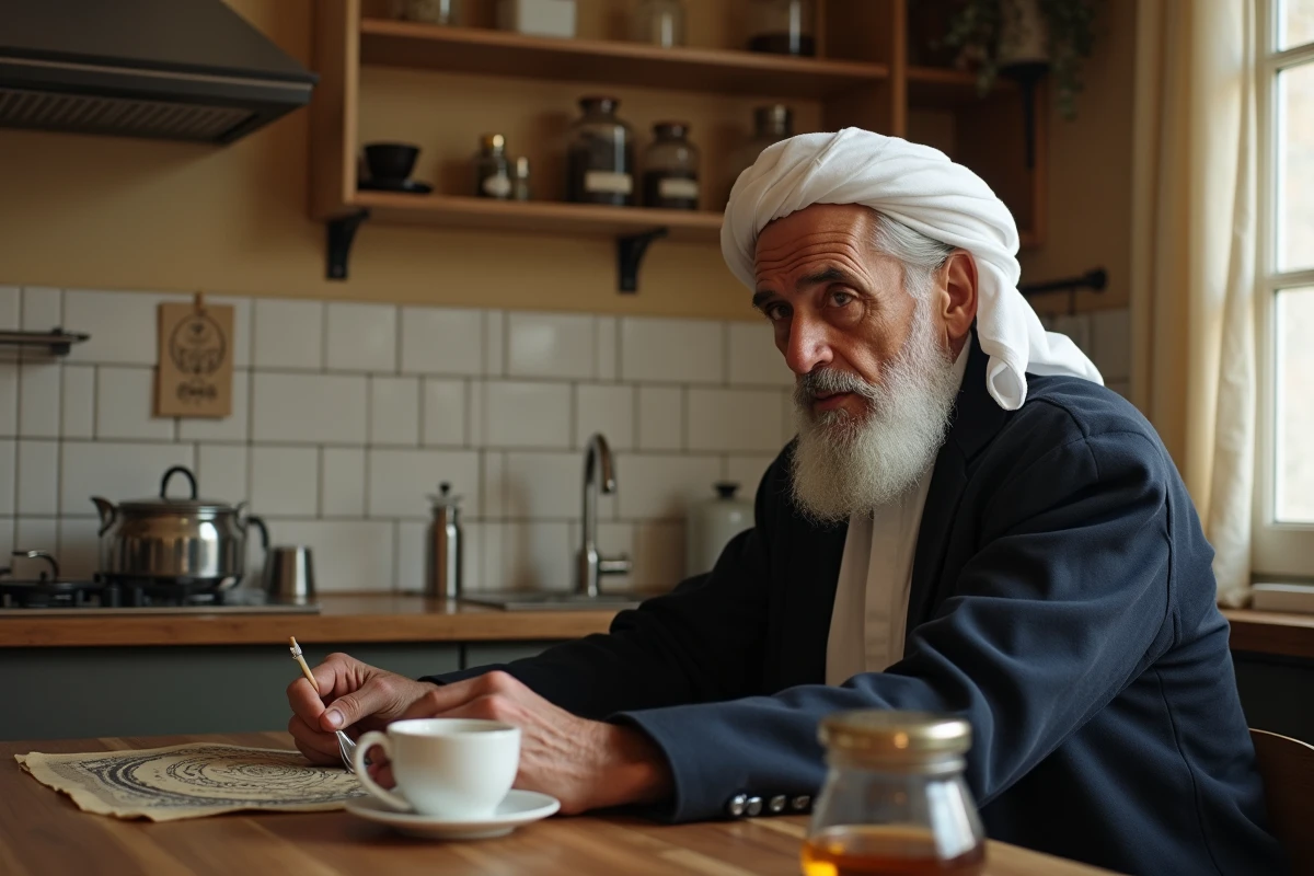 Homme âgé consultant un calendrier islamique lunaire pour les heures de prière dans une cuisine parisienne