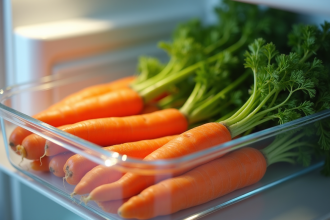 Carottes fraîches lavées avec fanes dans un réfrigérateur moderne