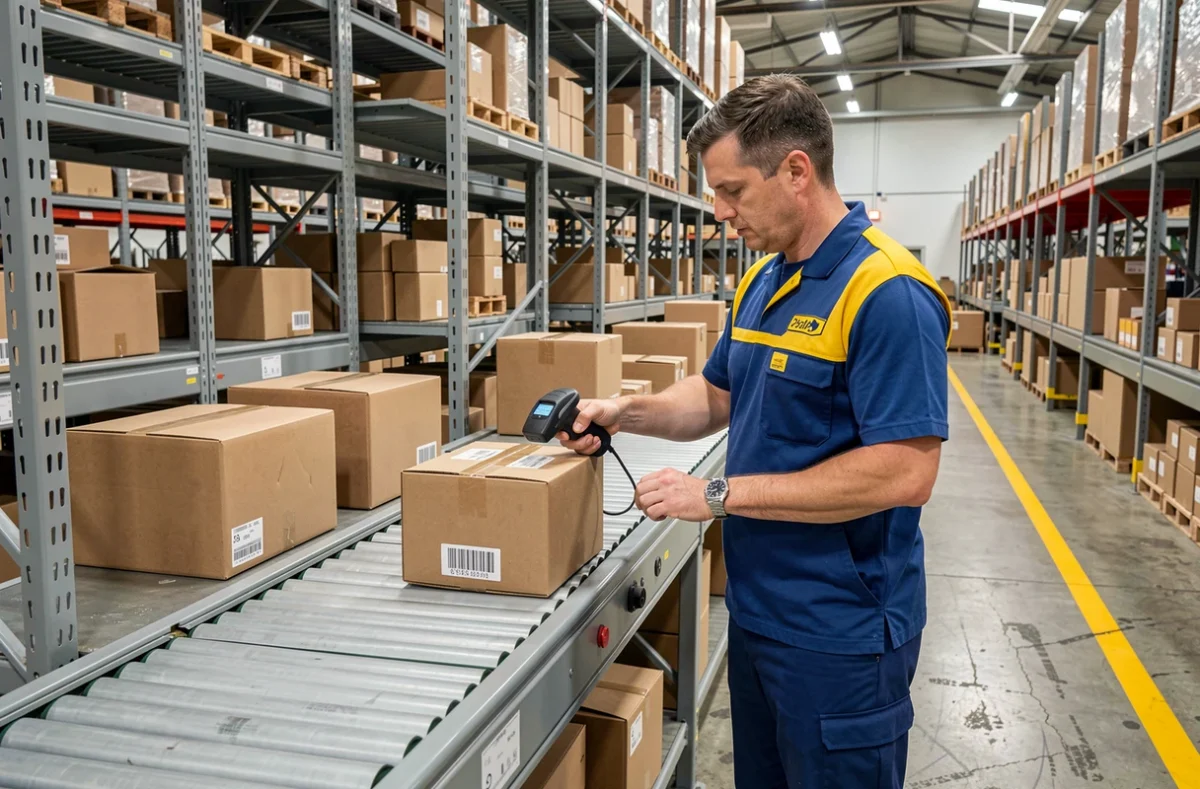 Agent de tri postal scannant un colis sur un tapis roulant dans un centre de tri logistique, représentant le traitement des livraisons en retard