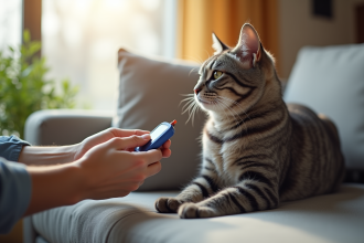 Chat gris assis sur le canapé lors d’un contrôle de glucose