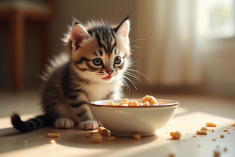 Chaton douillet mangeant dans un bol sur le sol