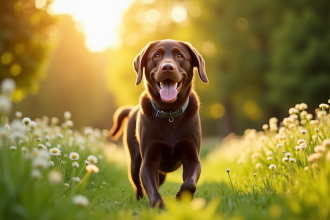 Labrador chocolat se promenant dans un parc ensoleille avec fleurs vertes