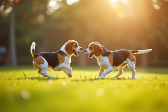 Deux beagles joueurs courant dans l'herbe ensoleillée
