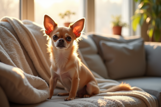 Chihuahua à poil court assis sur un canapé confortable