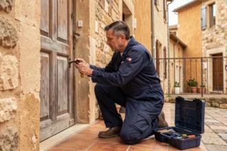 Serrurier professionnel examinant une serrure sur une porte en bois dans un village provençal du Vaucluse