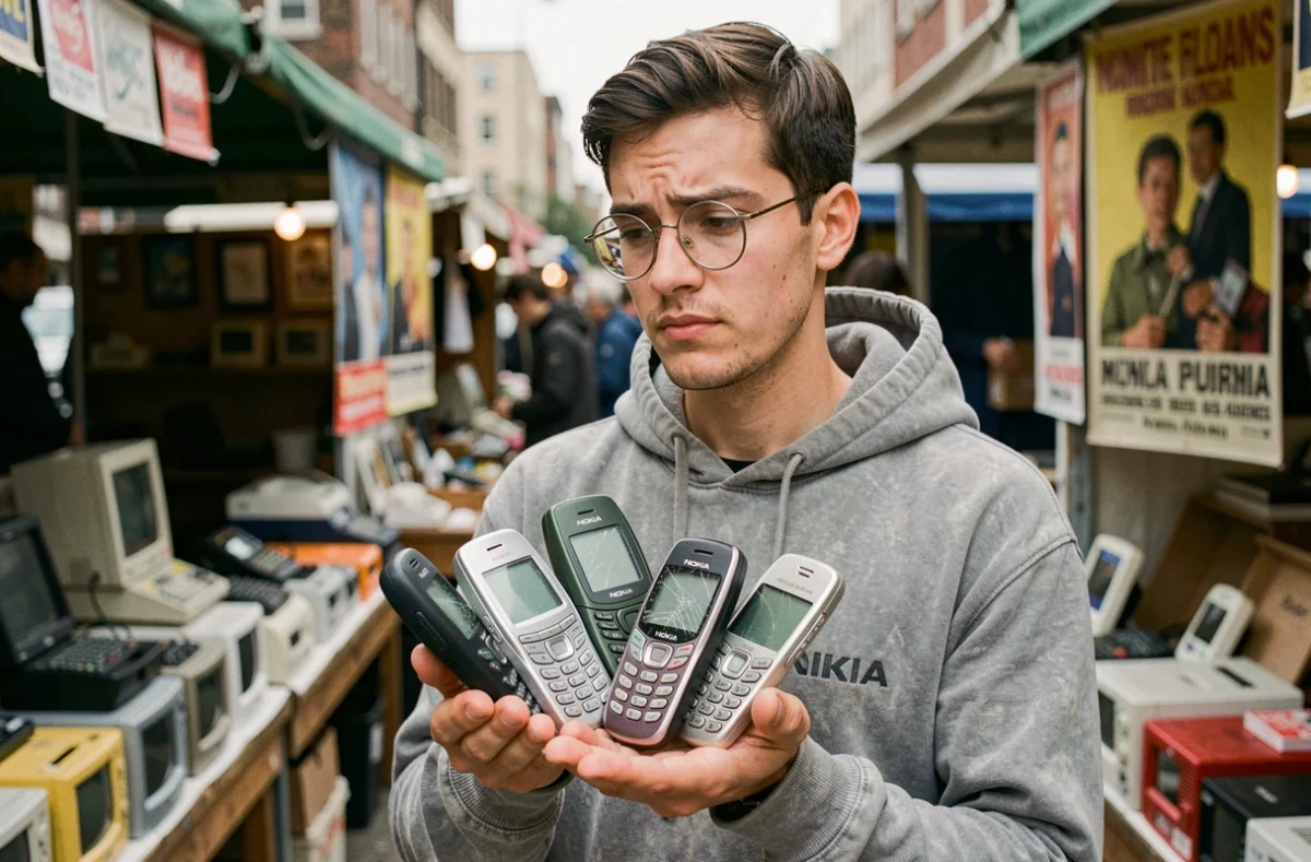 Jeune homme tenant une collection de vieux téléphones Nokia dans ses mains dans un marché aux puces vintage