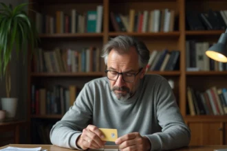 Collectionneur examinant une carte téléphonique vintage avec une loupe sur un bureau en bois