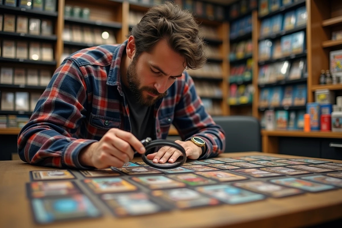 Collectionneur comparant plusieurs cartes Couronne Stellaire étalées sur une table dans un magasin de jeux