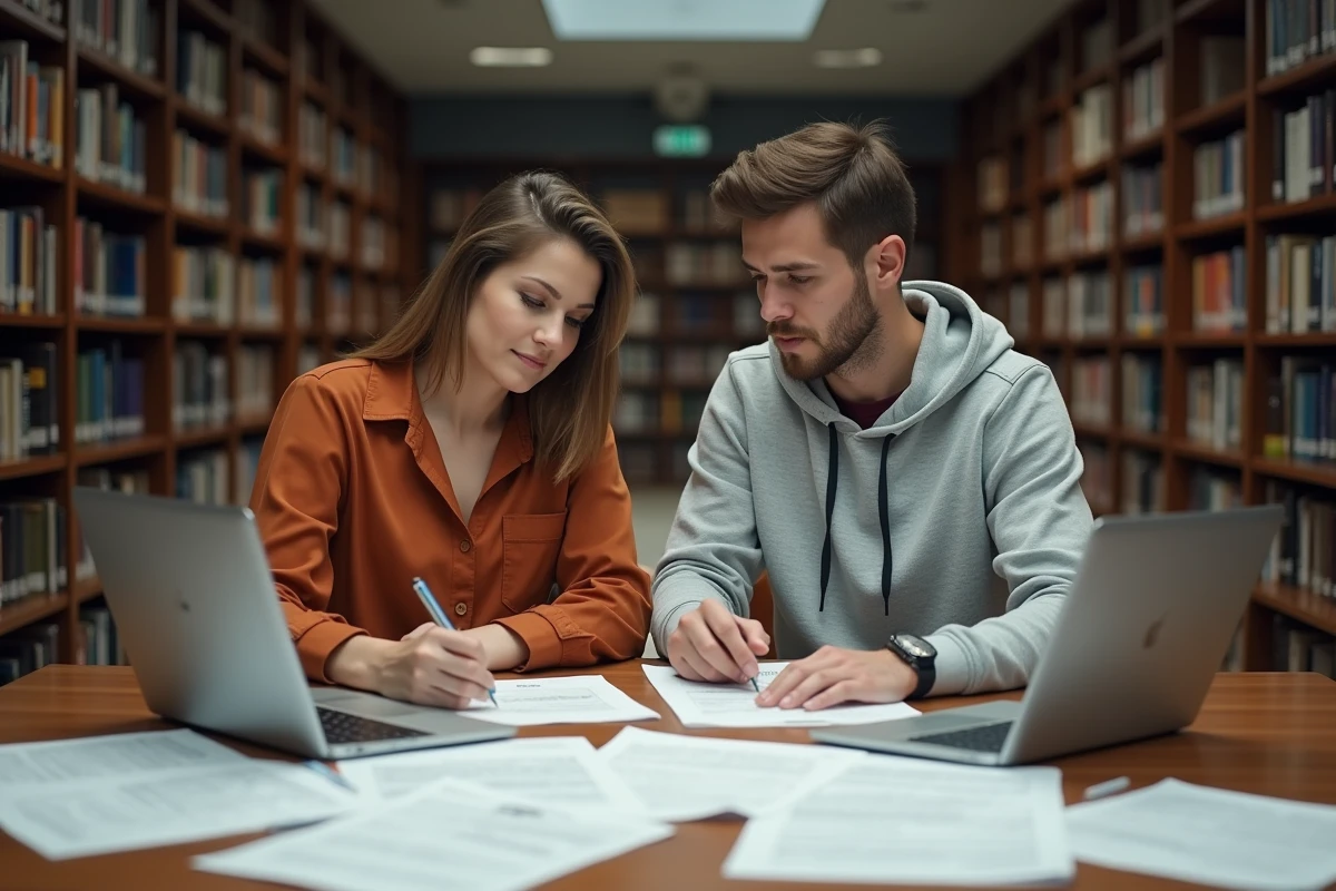 Deux collègues comparant des sources alternatives et des miroirs d'archives dans une bibliothèque universitaire