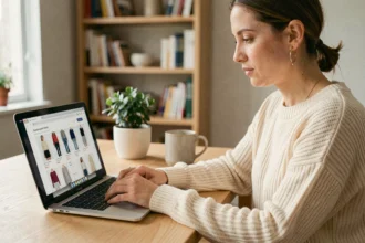 Femme consultant un site de vente de vêtements en ligne sur son ordinateur portable depuis son bureau à domicile
