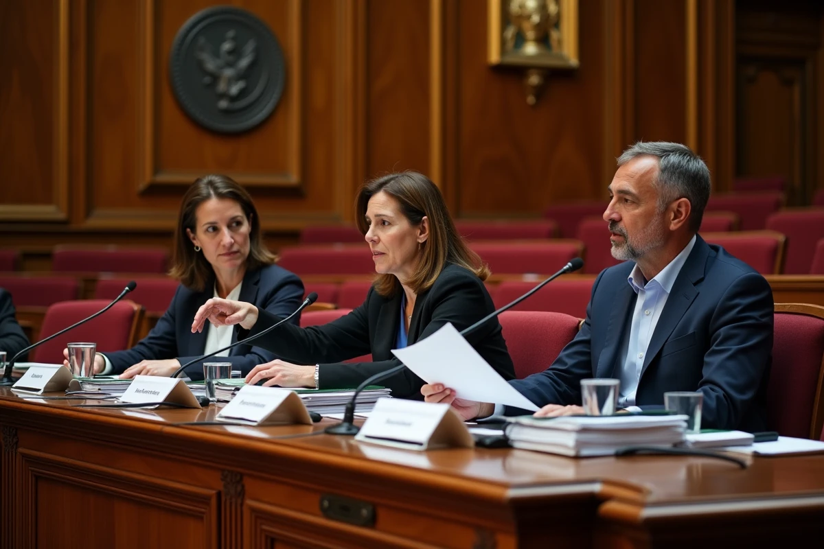 Commission parlementaire française débattant de l'article 16 de la Constitution autour d'une table institutionnelle