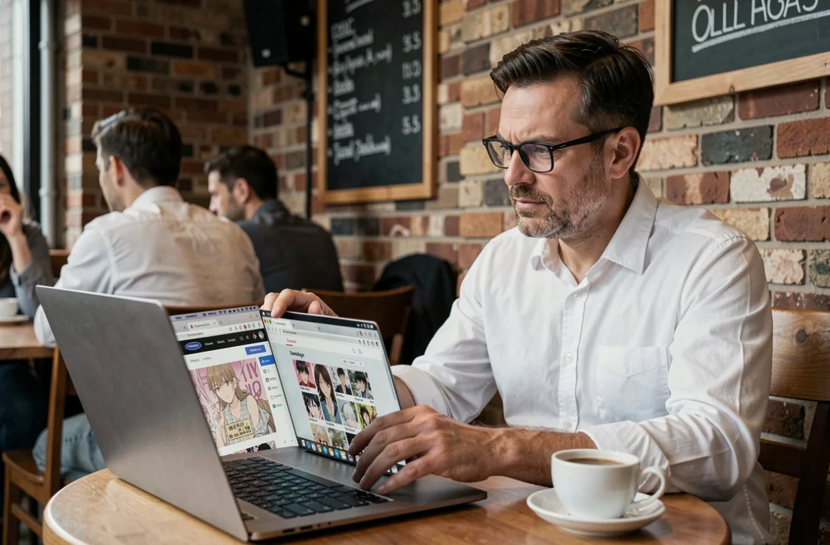 Homme comparant des plateformes de lecture de scans manga sur un ordinateur dans un café urbain