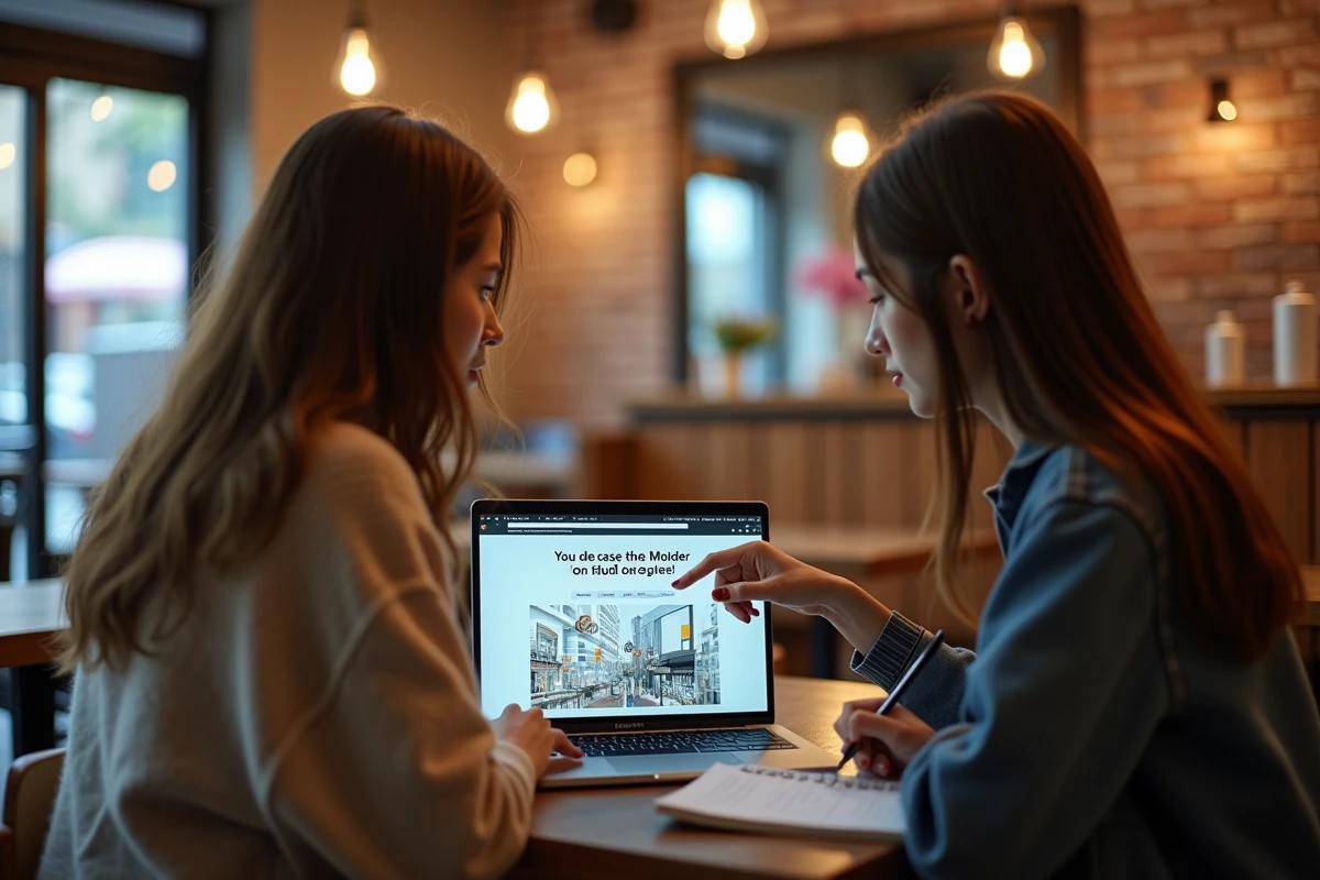 Deux femmes comparant des sites de lecture de scans manga sur un ordinateur portable dans un café urbain