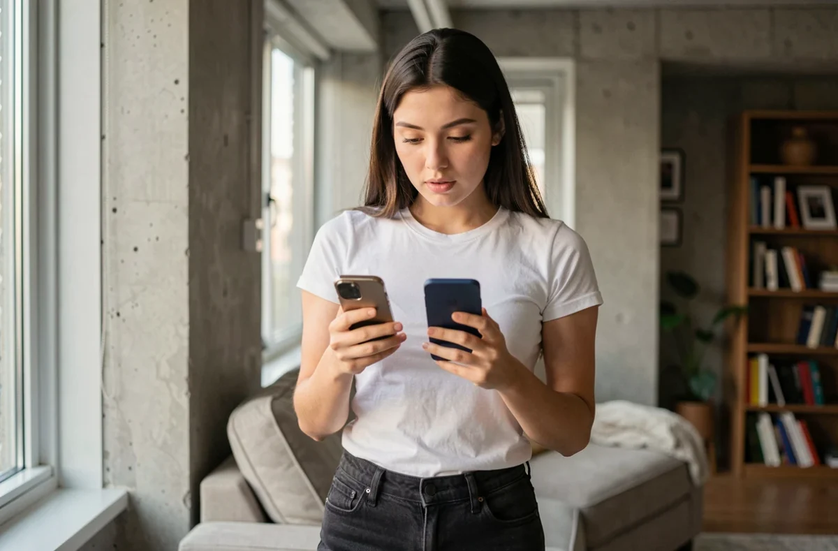 Jeune femme comparant deux smartphones pour réduire sa facture téléphonique internationale