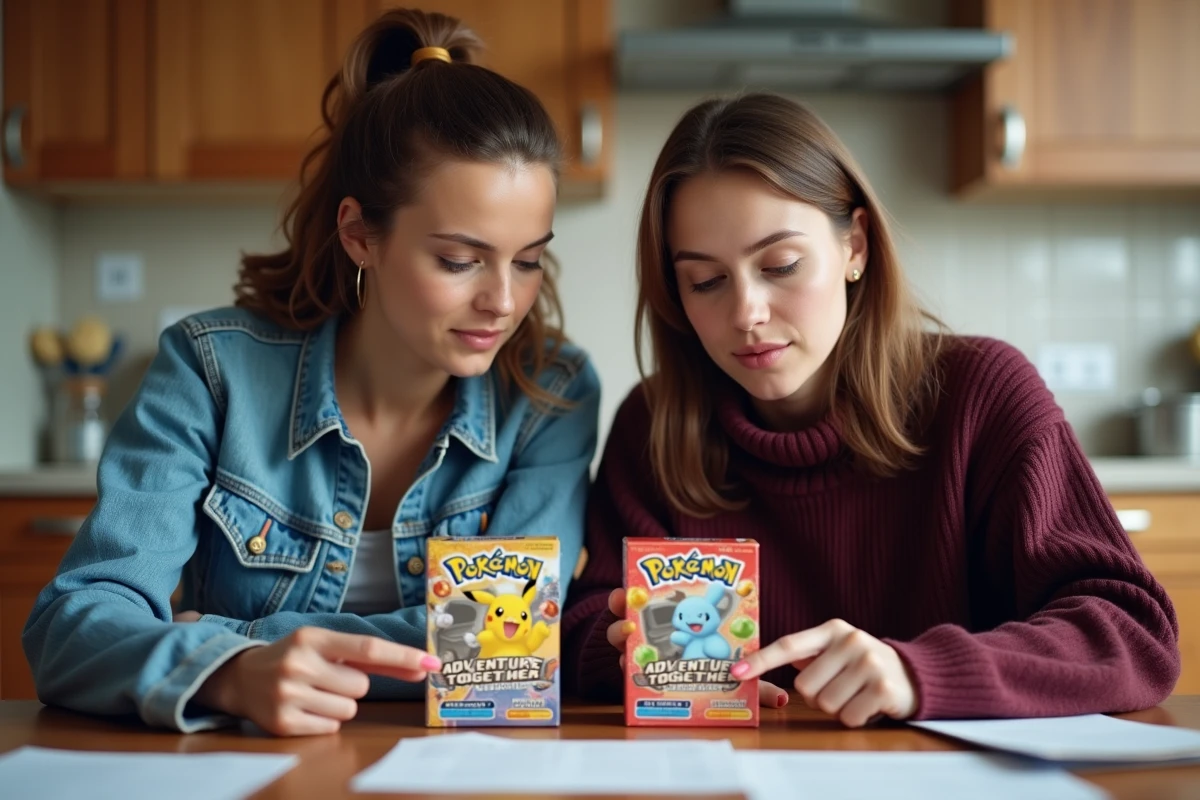 Deux femmes comparant une vraie et fausse ETB Aventure Ensemble Pokémon sur une table en bois