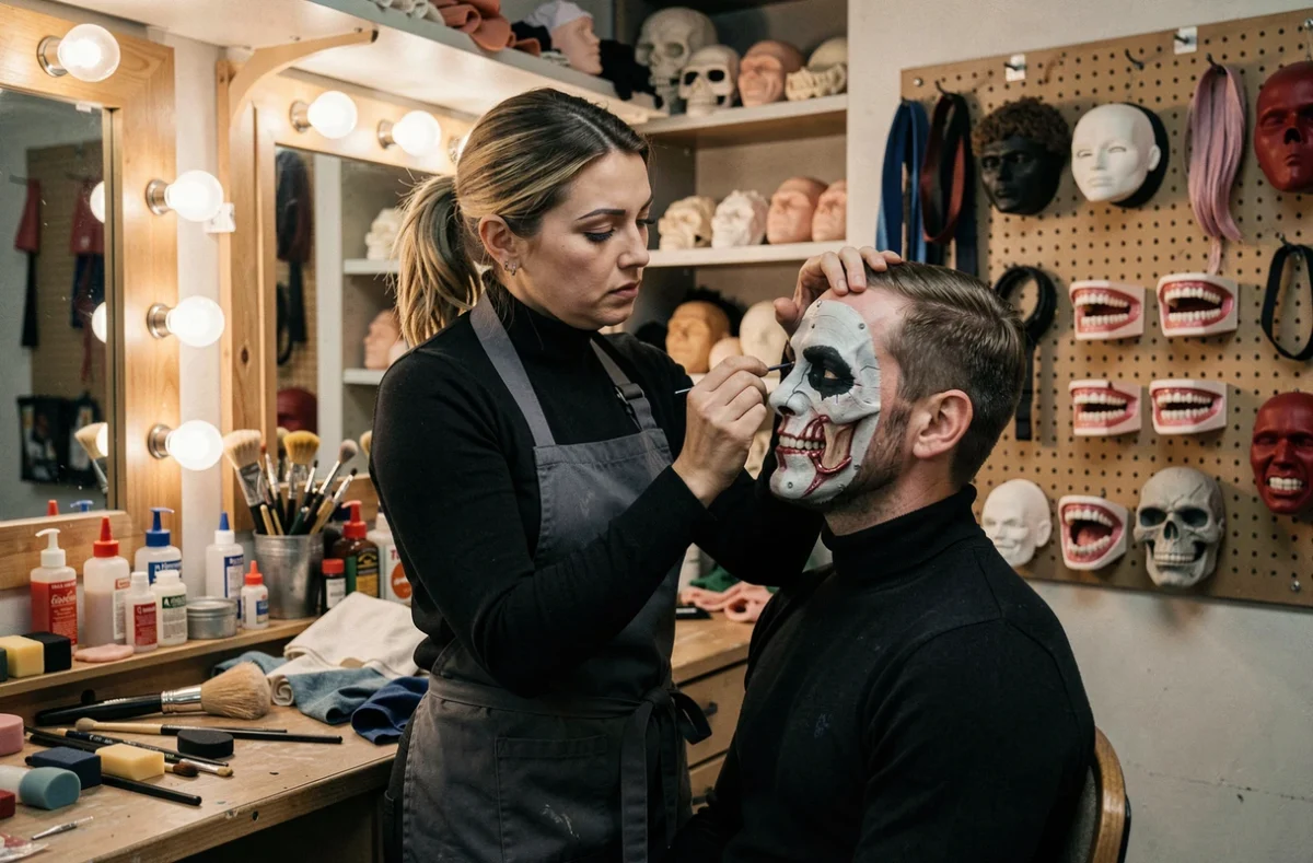 Maquilleuse professionnelle appliquant des prothèses d'horreur sur un comédien dans les coulisses du Manoir de Paris, ambiance backstage réaliste